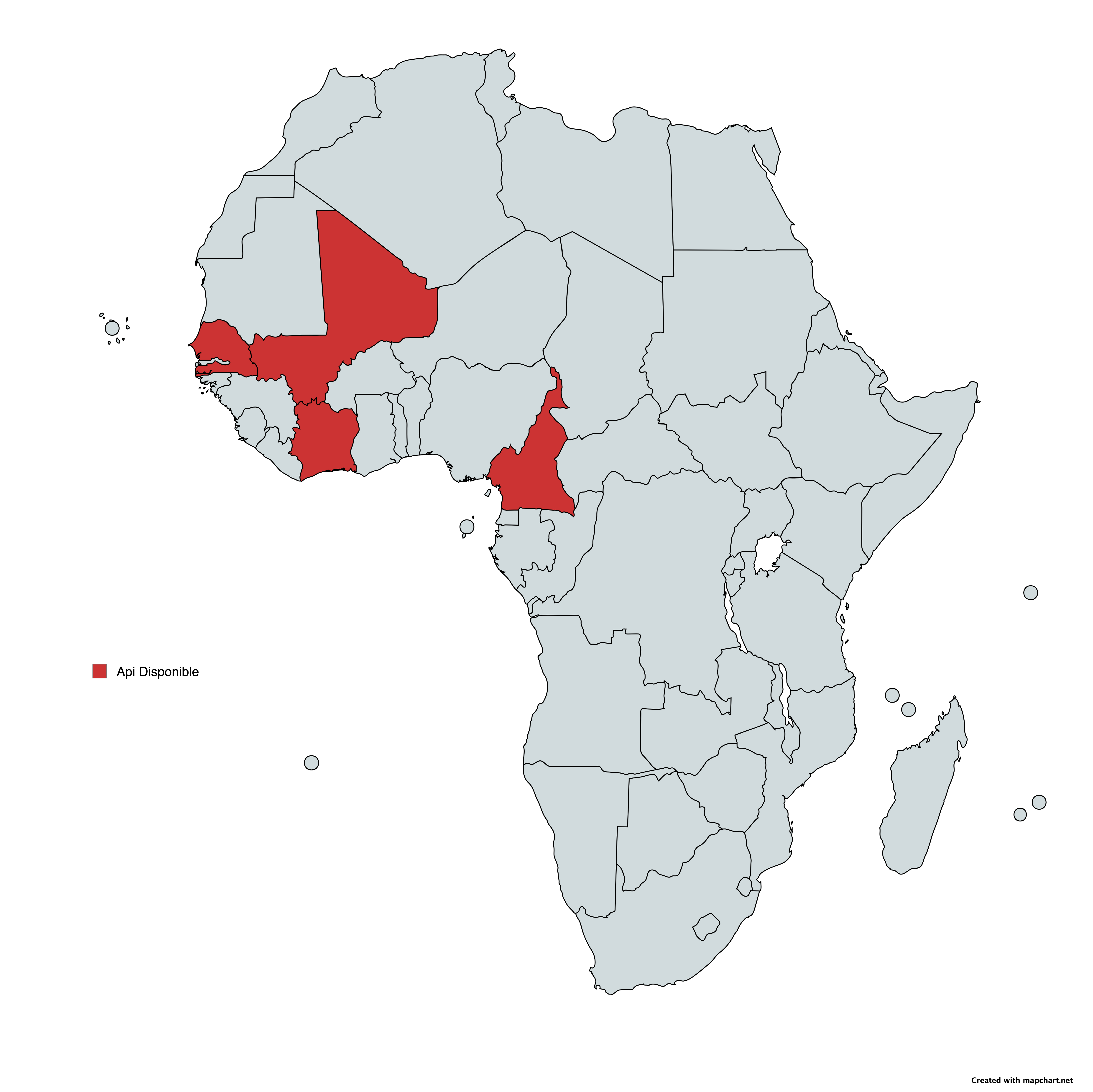 Carte de couverture API SMS pour Sénégal, Mali, Côte d'Ivoire et Cameroun